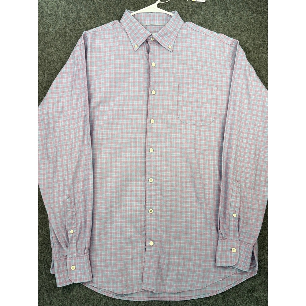 Peter Millar Mens Large Blue Pink Tattersall Check Cotton Button Down Shirt L